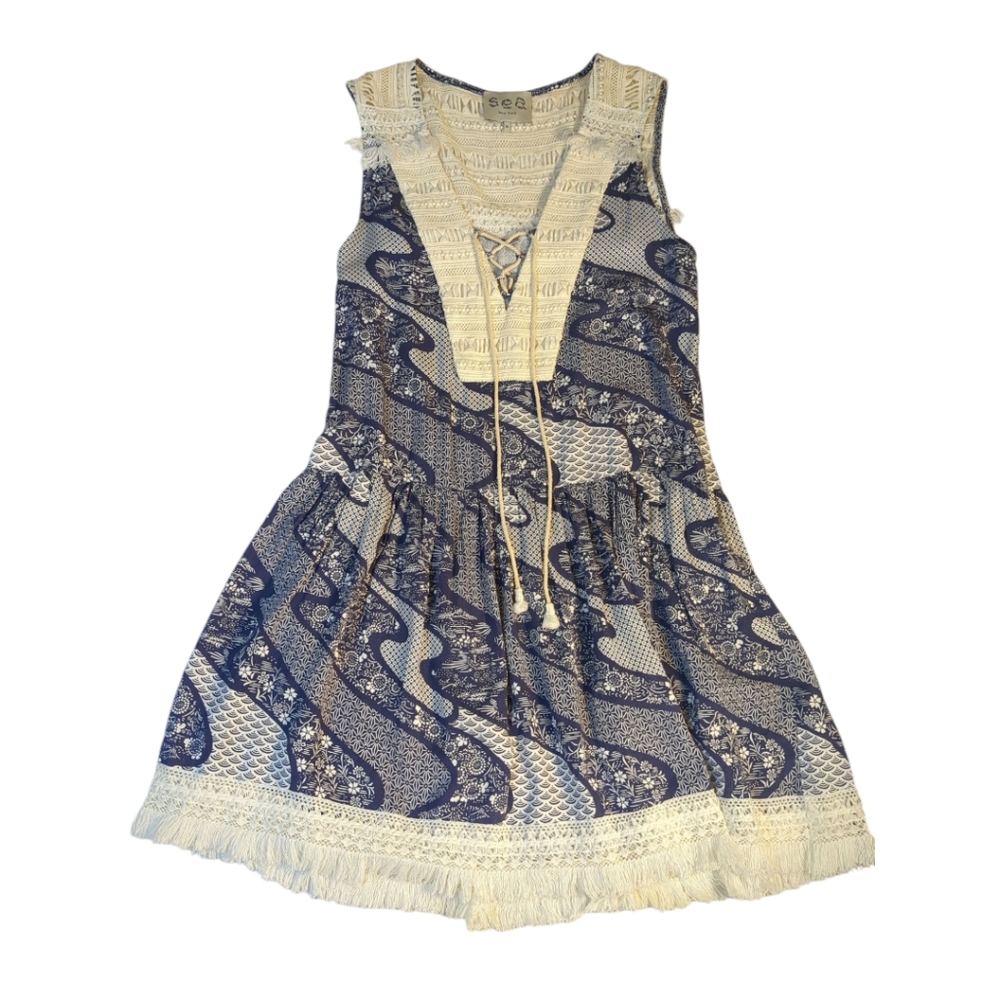 SEA NY Rare Boho Crochet & Fringe Blue Paisley Dress SZ 10 NWOT - Picture 6 of 9
